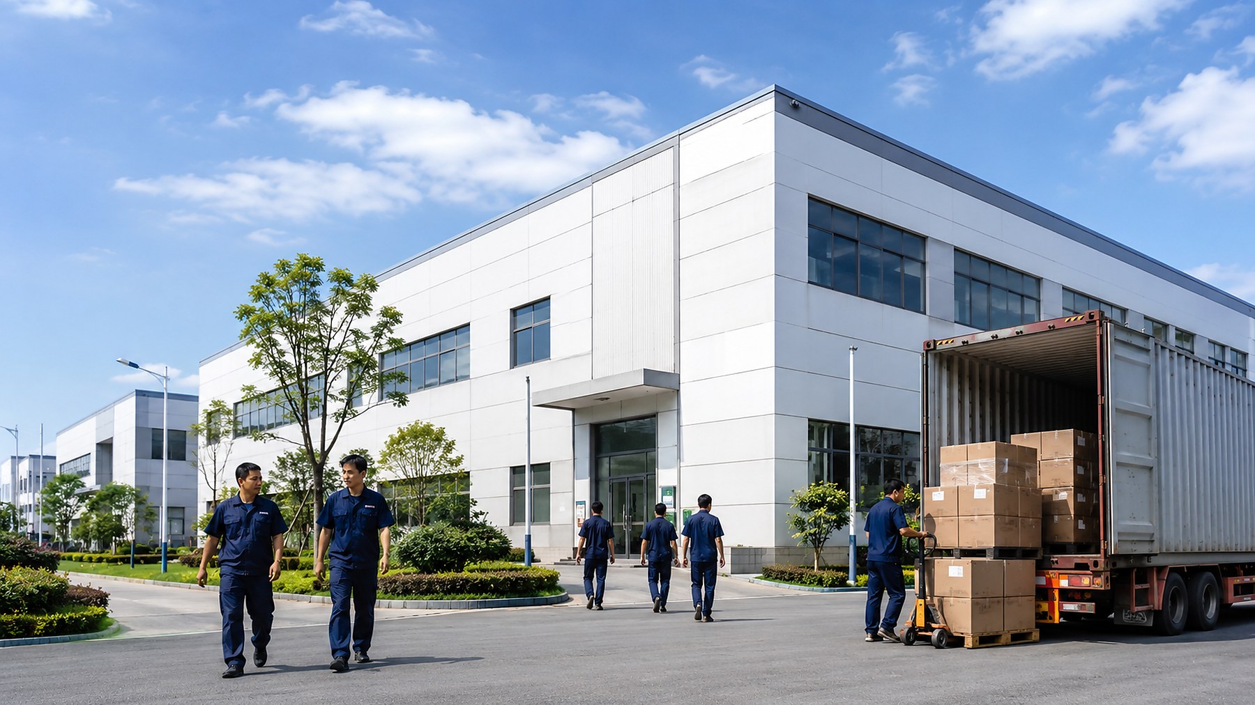 Modern O'Lay custom bag factory exterior with loading area and staff