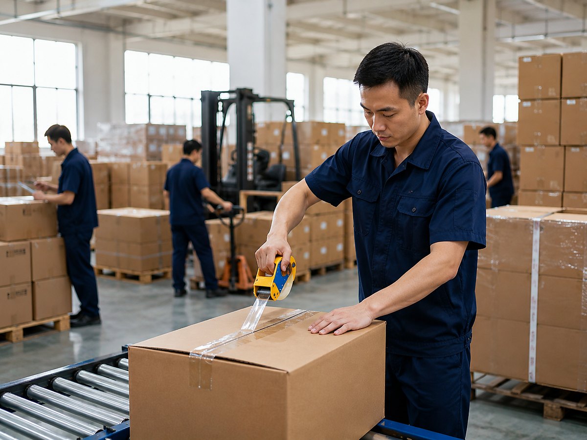 O'Lay warehouse worker sealing export cartons for shipping