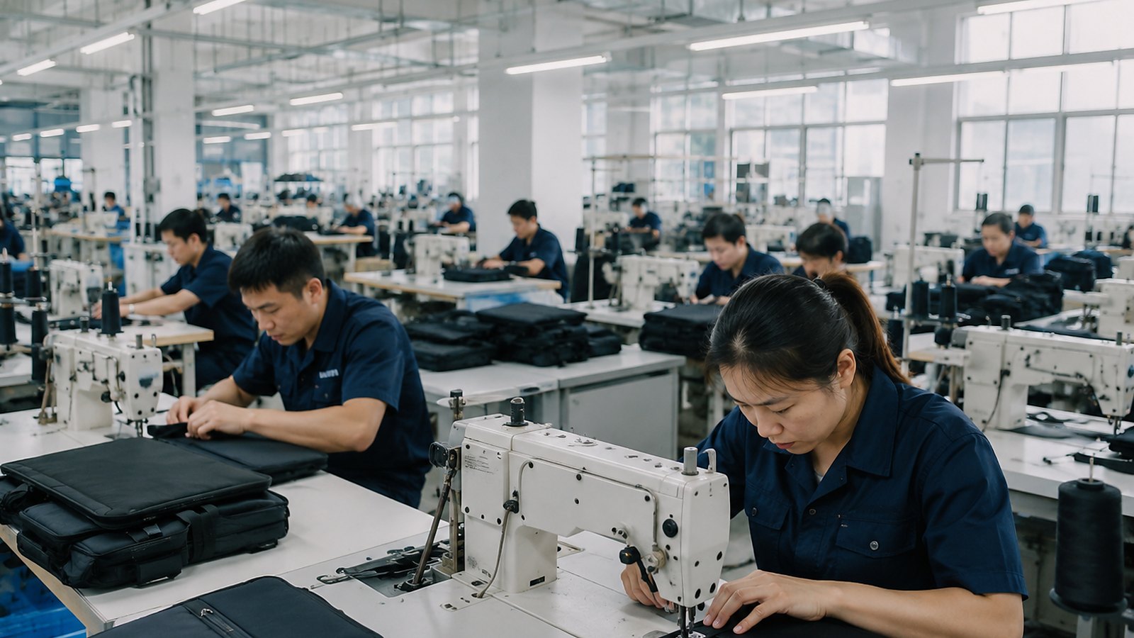 Clean bag production floor with skilled workers and sewing machines
