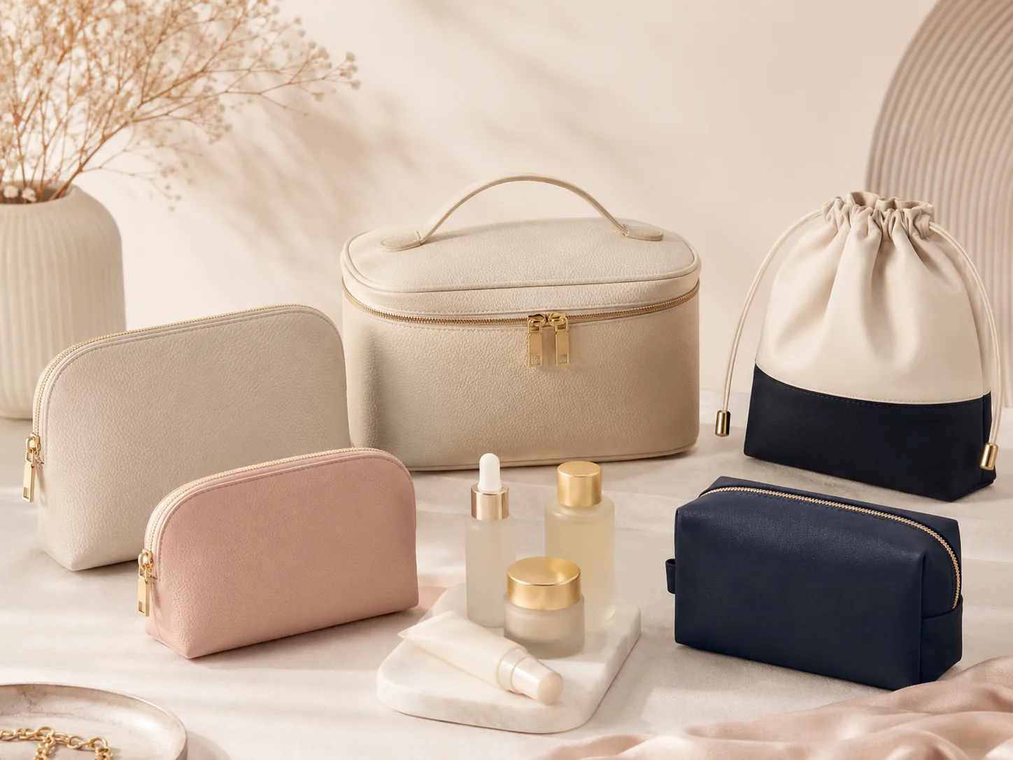 Custom beauty and skincare bags including cosmetic pouches, sample bags and vanity cases