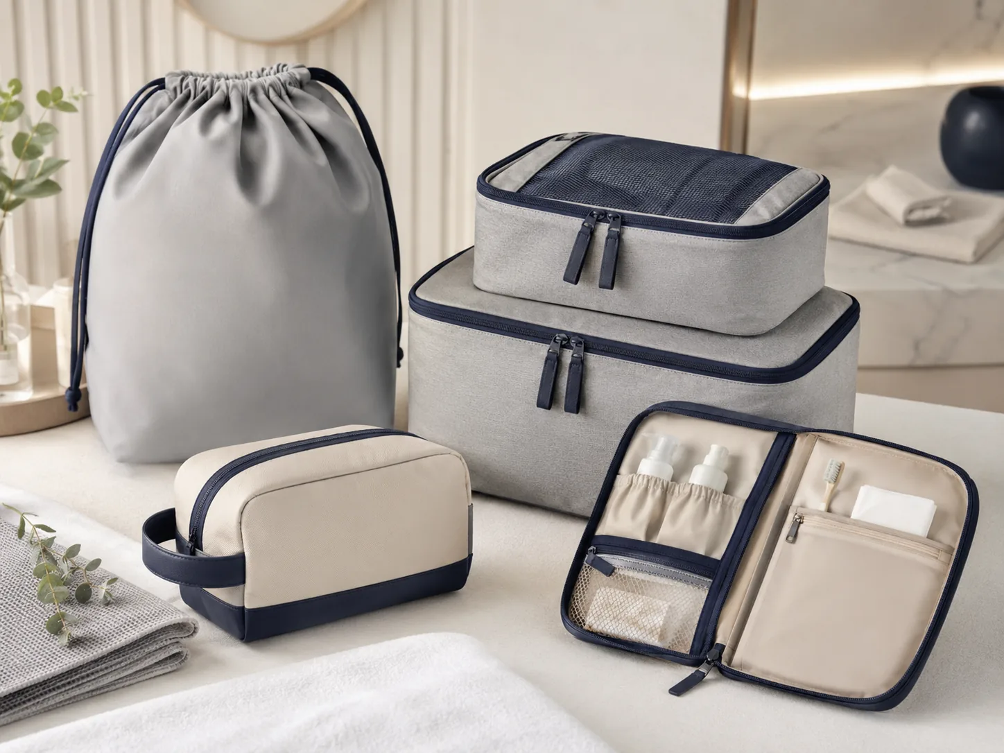 Custom travel and hospitality bags including toiletry bags, packing cubes and amenity organizers